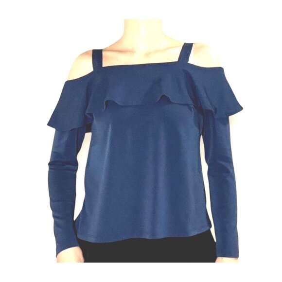 Size Small NAVY BLUE COLD SHOULDER CHIFFON BLOUSE Fall Boho Peasant Bohemian‎ - Picture 1 of 7